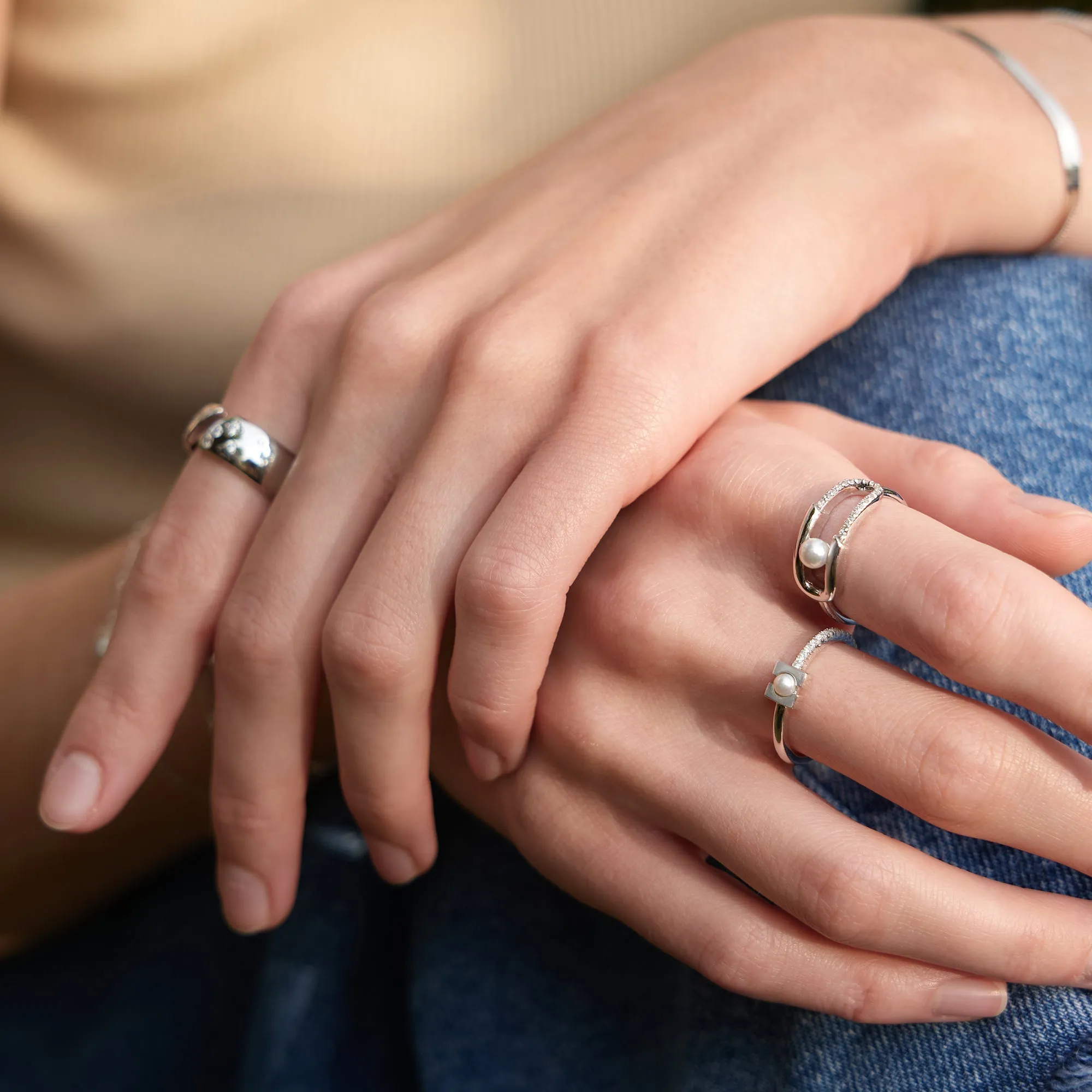 Silver Pearl Modernist Band Ring