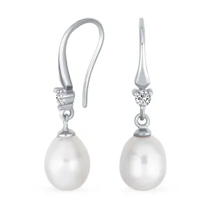 Simple Bridal White Pear Freshwater Pearl Teardrop Dangle Earrings Sterling Silver