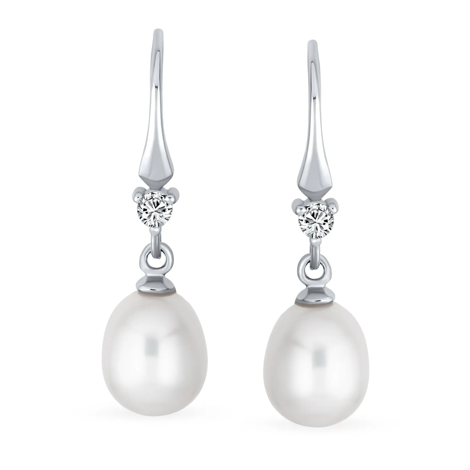 Simple Bridal White Pear Freshwater Pearl Teardrop Dangle Earrings Sterling Silver