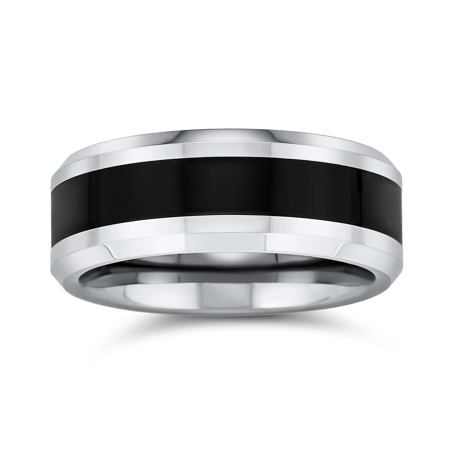 Simple Two Tone Tungsten Wedding Band: Black Center Silver Beveled Edge Men's Ring