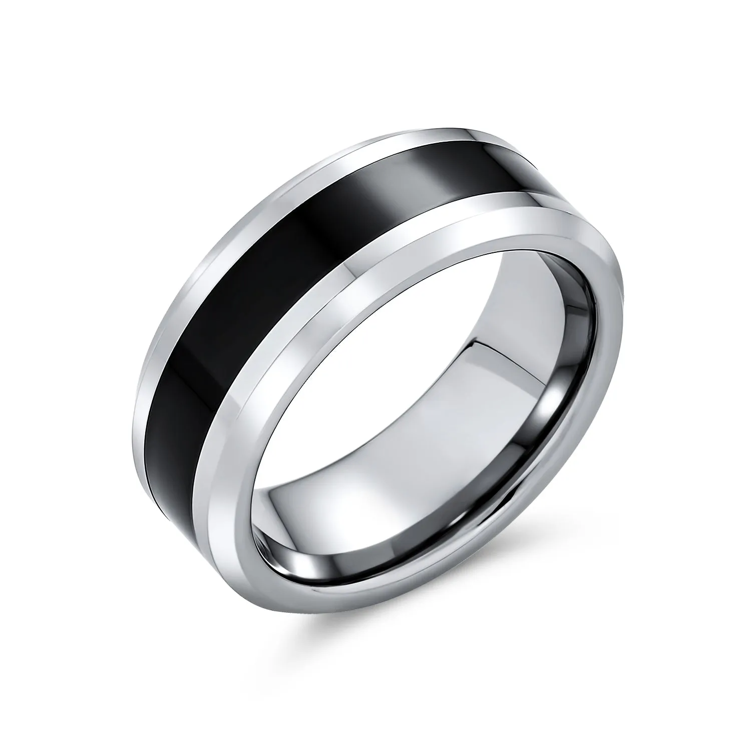 Simple Two Tone Tungsten Wedding Band: Black Center Silver Beveled Edge Men's Ring