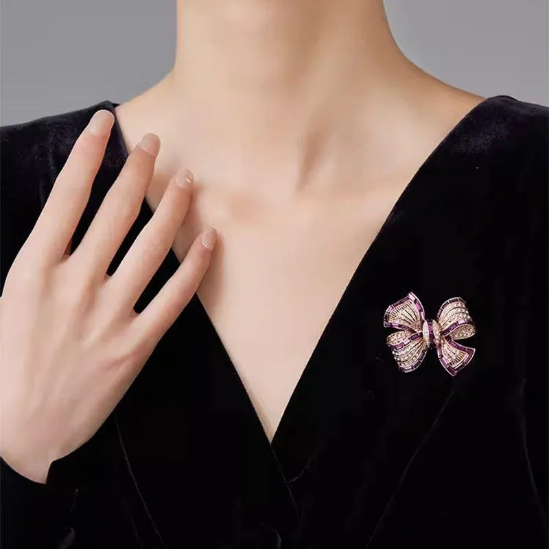 SISSLIA 2024 Trend High-Grade Luxury Purple Zircon Delicate Bow Unique Pin Suit Brooch for Women