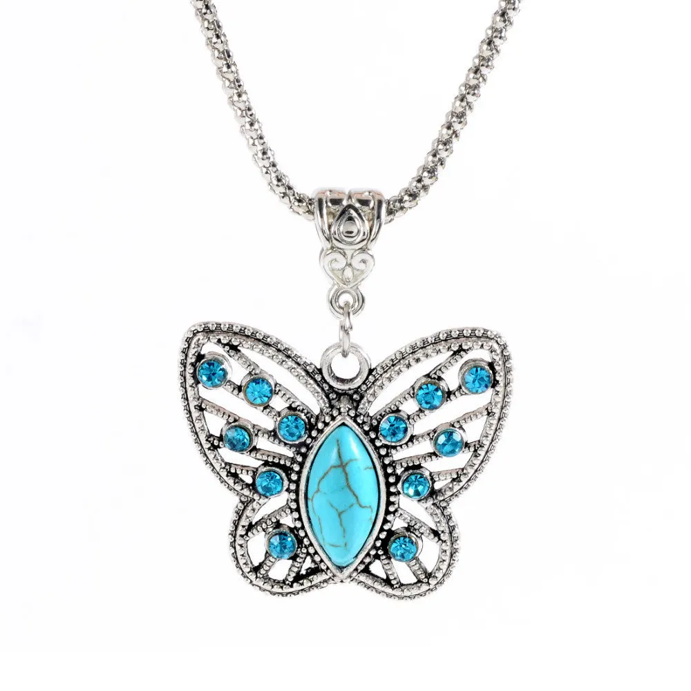 Special Butterfly Natrual Turquoise Stone Necklaces Silver Pendant Accessories for Women Clothing Women's Vintage Style