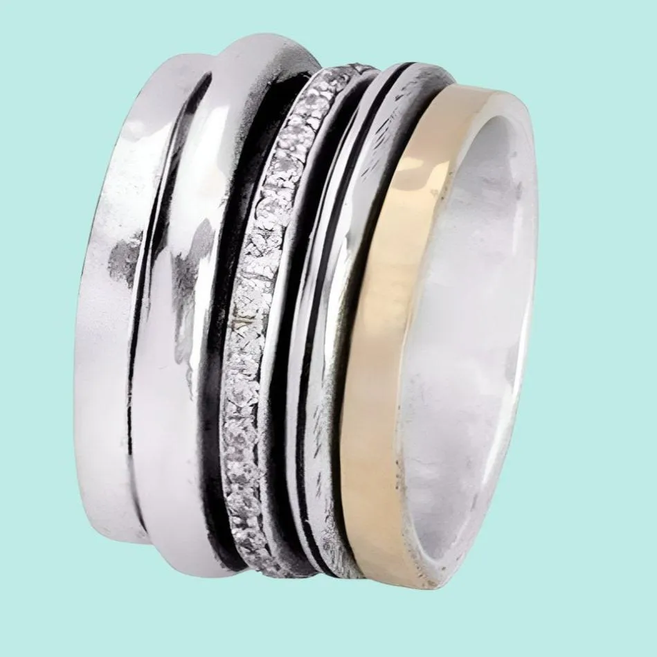 Spinner Ring set with zircons / silver gold 9ct / Two tones Metals Ring