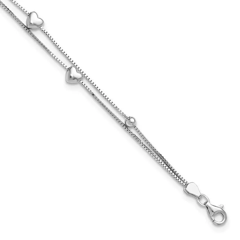 Sterling Silver Rhod-plated  6.75 1in ext Two Strand Heart/Bead Bracelet