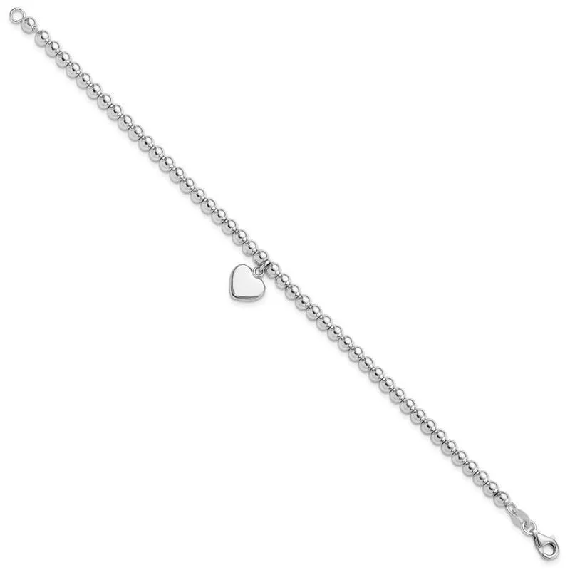 Sterling Silver Rhodium-plated 4mm Beaded Dangle Heart 7.5in Bracelet