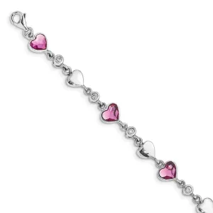 Sterling Silver Rhodium Plated Clear Crystals Pink Heart Crystals and Polished Hearts 6.5 inch Bracelet with 1 inch extension