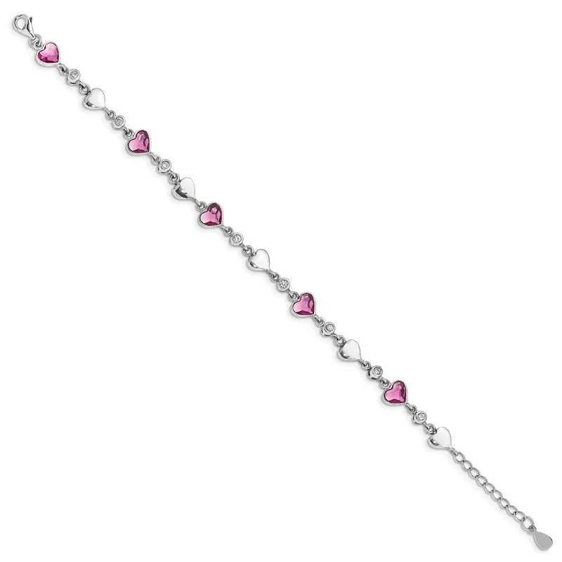 Sterling Silver Rhodium Plated Clear Crystals Pink Heart Crystals and Polished Hearts 6.5 inch Bracelet with 1 inch extension