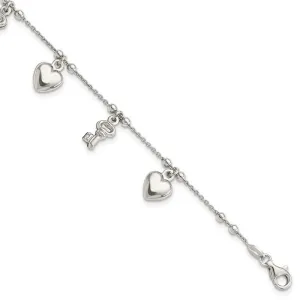 Sterling Silver Rhodium-plated Heart and Key Dangle 6.75in Bracelet