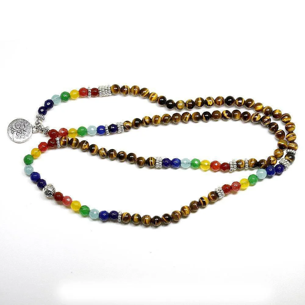 Tree of Life, Chakra beads and Tiger Eye natural stone Unisex Mala, 108 Buddha Healing Stone Beaded Bracelet