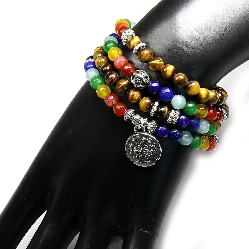 Tree of Life, Chakra beads and Tiger Eye natural stone Unisex Mala, 108 Buddha Healing Stone Beaded Bracelet