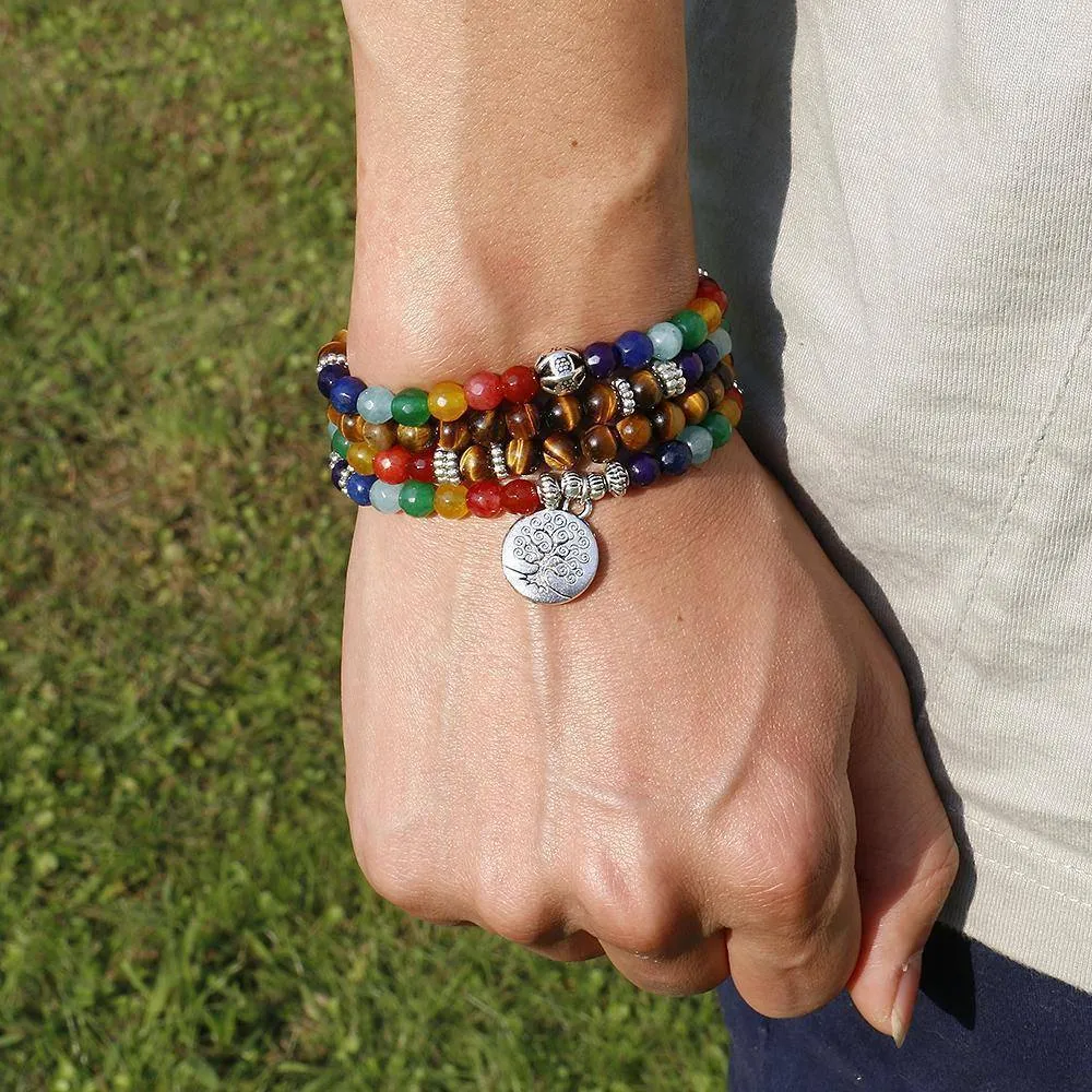 Tree of Life, Chakra beads and Tiger Eye natural stone Unisex Mala, 108 Buddha Healing Stone Beaded Bracelet