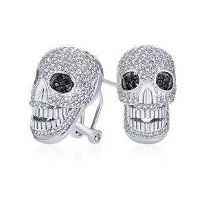 Unisex Biker Jewelry CZ Skull Stud Earrings, Goth Punk Dia De Los Muertos Style