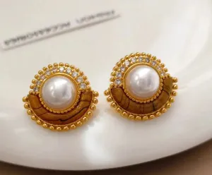 VAIGE Elegant Pearl Brown Stud Earrings with Vintage Charm