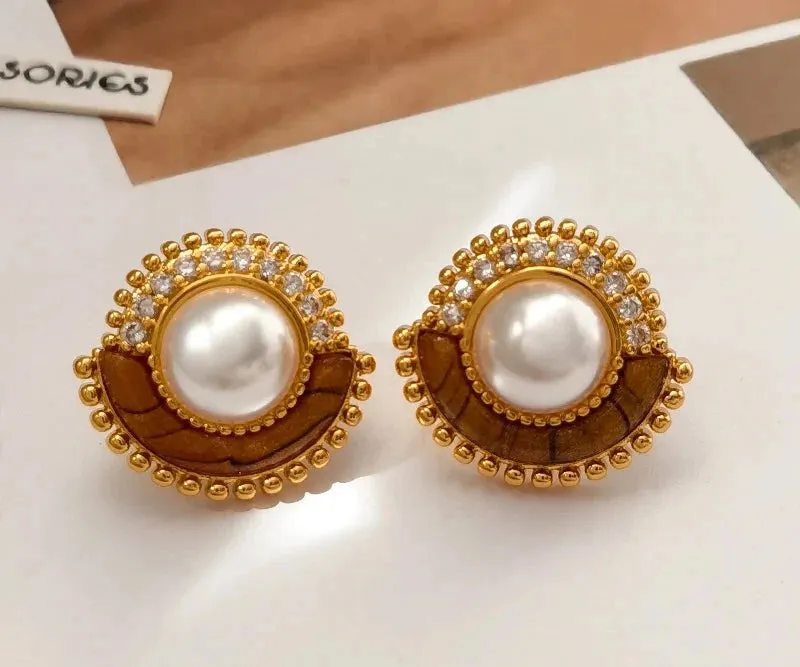 VAIGE Elegant Pearl Brown Stud Earrings with Vintage Charm