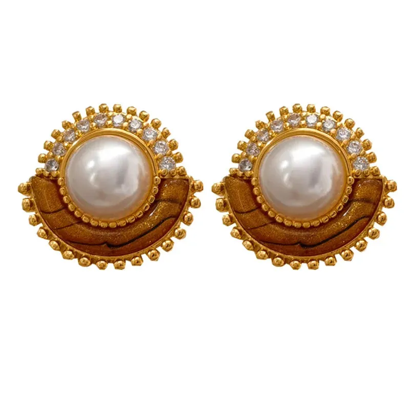 VAIGE Elegant Pearl Brown Stud Earrings with Vintage Charm