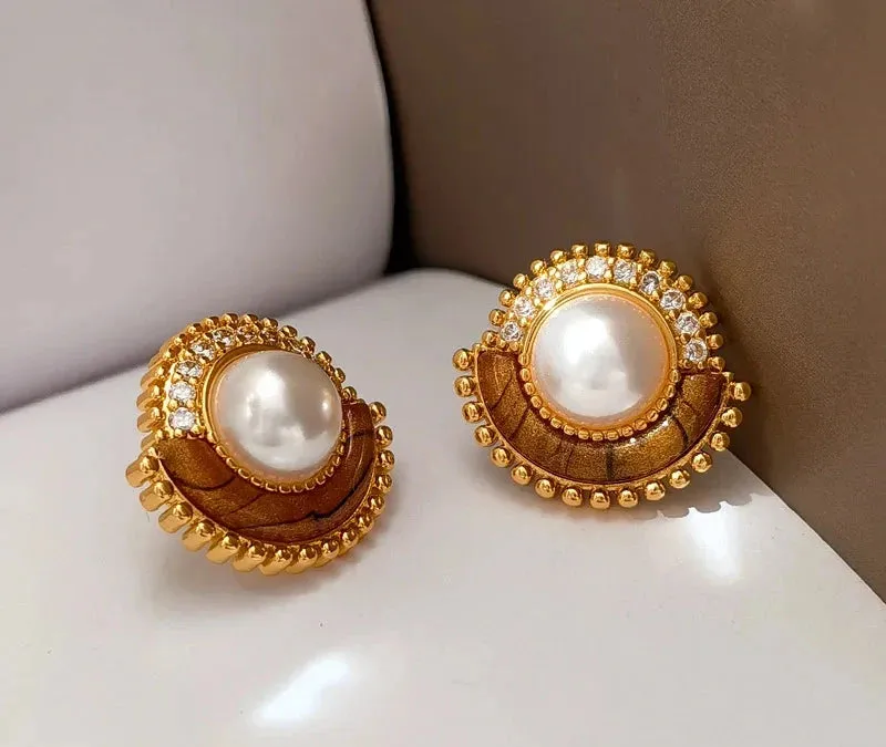 VAIGE Elegant Pearl Brown Stud Earrings with Vintage Charm