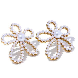 VAIGE Elegant Stainless Steel Flower Stud Earrings with Simulated Pearls and Gold Plating - Allergy-Free Fashion Jewelry