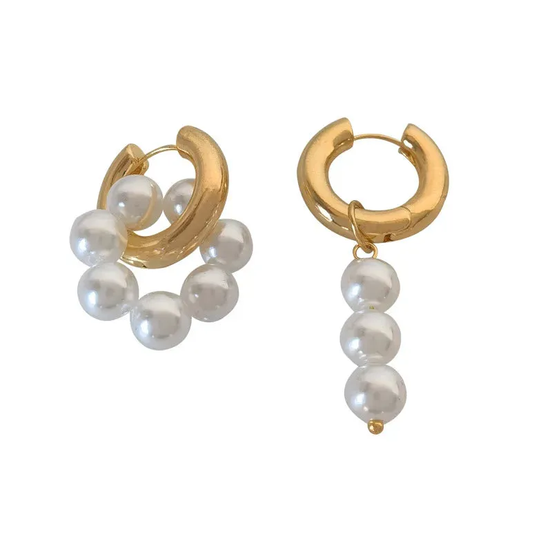 VAIGE Elegant Stainless Steel Simulated Pearl Round Buckle Earrings - Silver & Gold