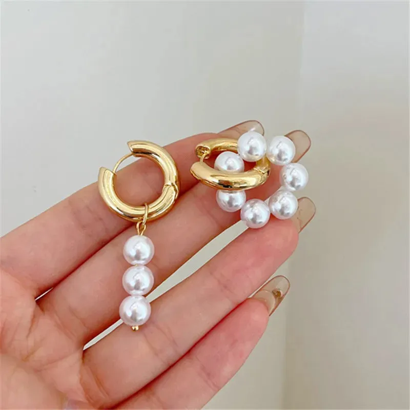 VAIGE Elegant Stainless Steel Simulated Pearl Round Buckle Earrings - Silver & Gold