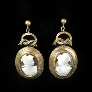 Victorian 14K/10K Yellow Gold Shell Cameo Dangle Earrings