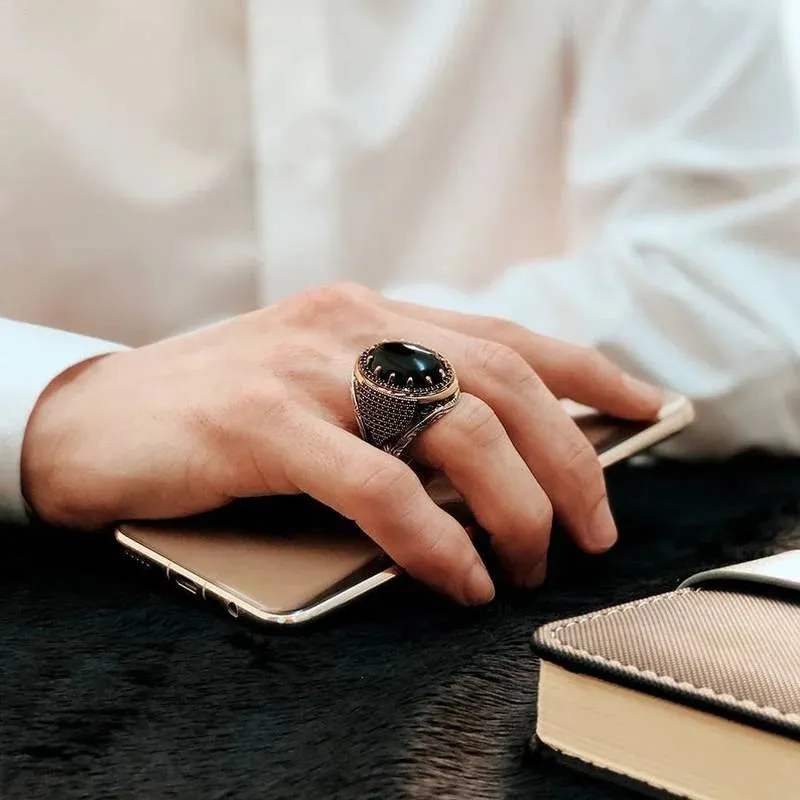 Vintage Handmade Turkish Signet Rings for Men Metal Two Tone Carved Black Zircon Punk Motor Biker Ring Jewelry