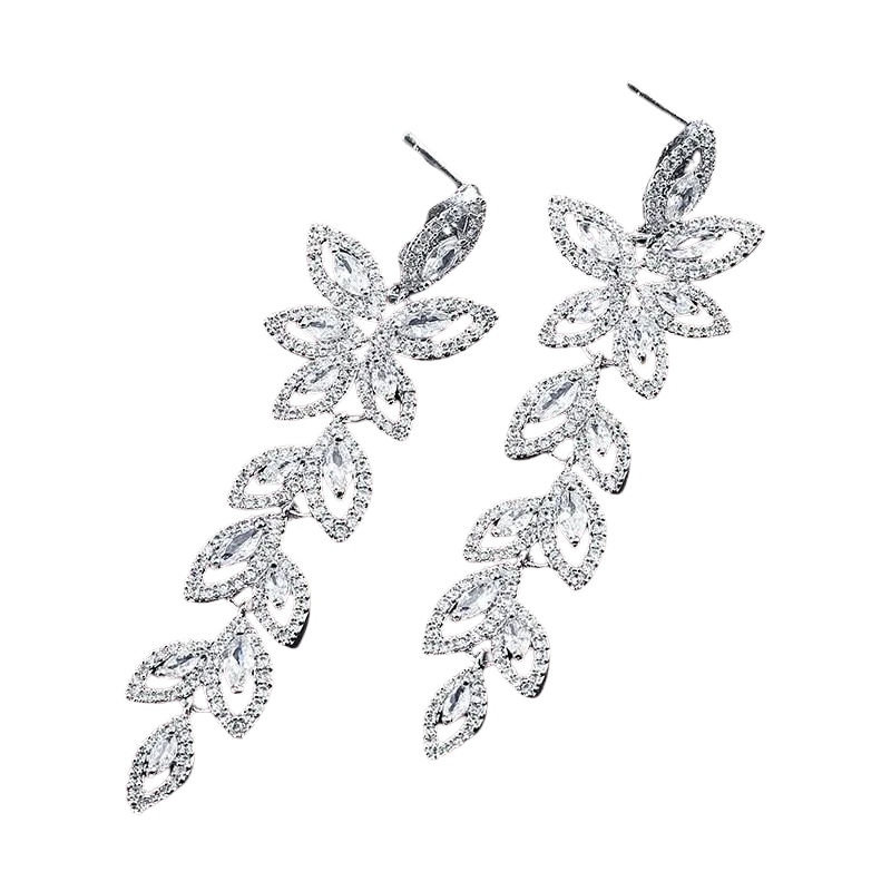 Women Crystal Long Leaves Drop Earrings.