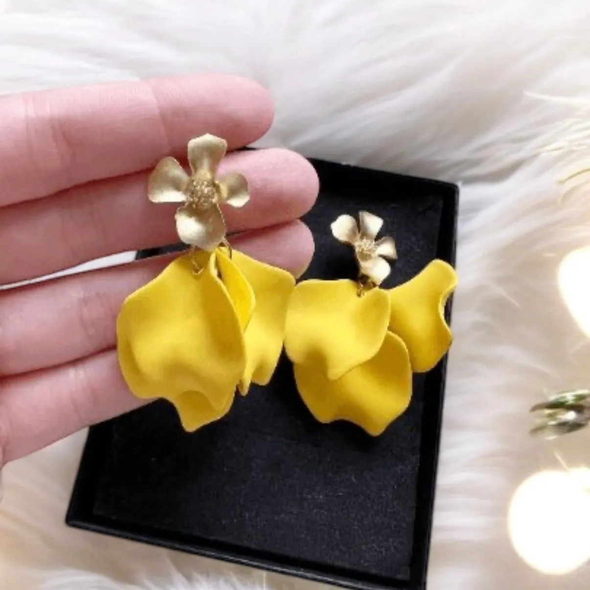 Yellow - flower earrings | dangle petals baroque earrings | unique golden floral earrings | bridal party wedding earrings